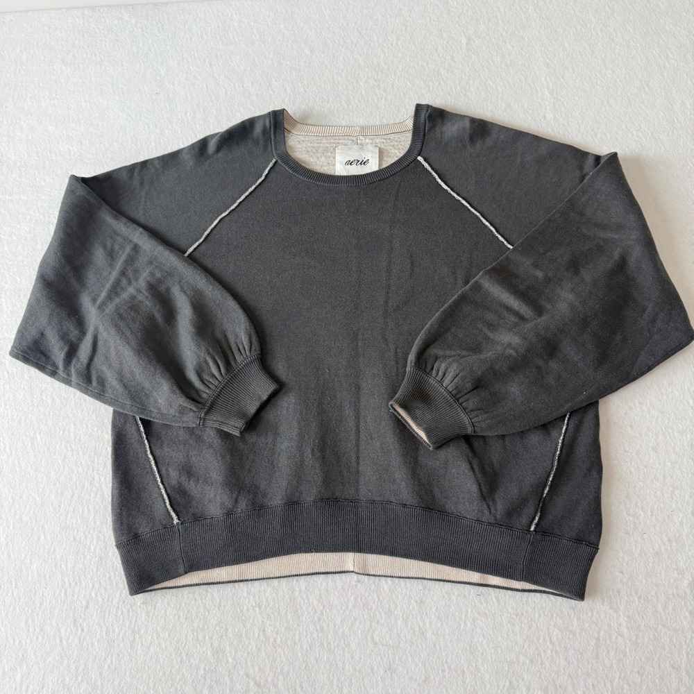 Aerie Oversized Crewneck Sweatshirt Womens Large Gray Exposed Seam Raglan